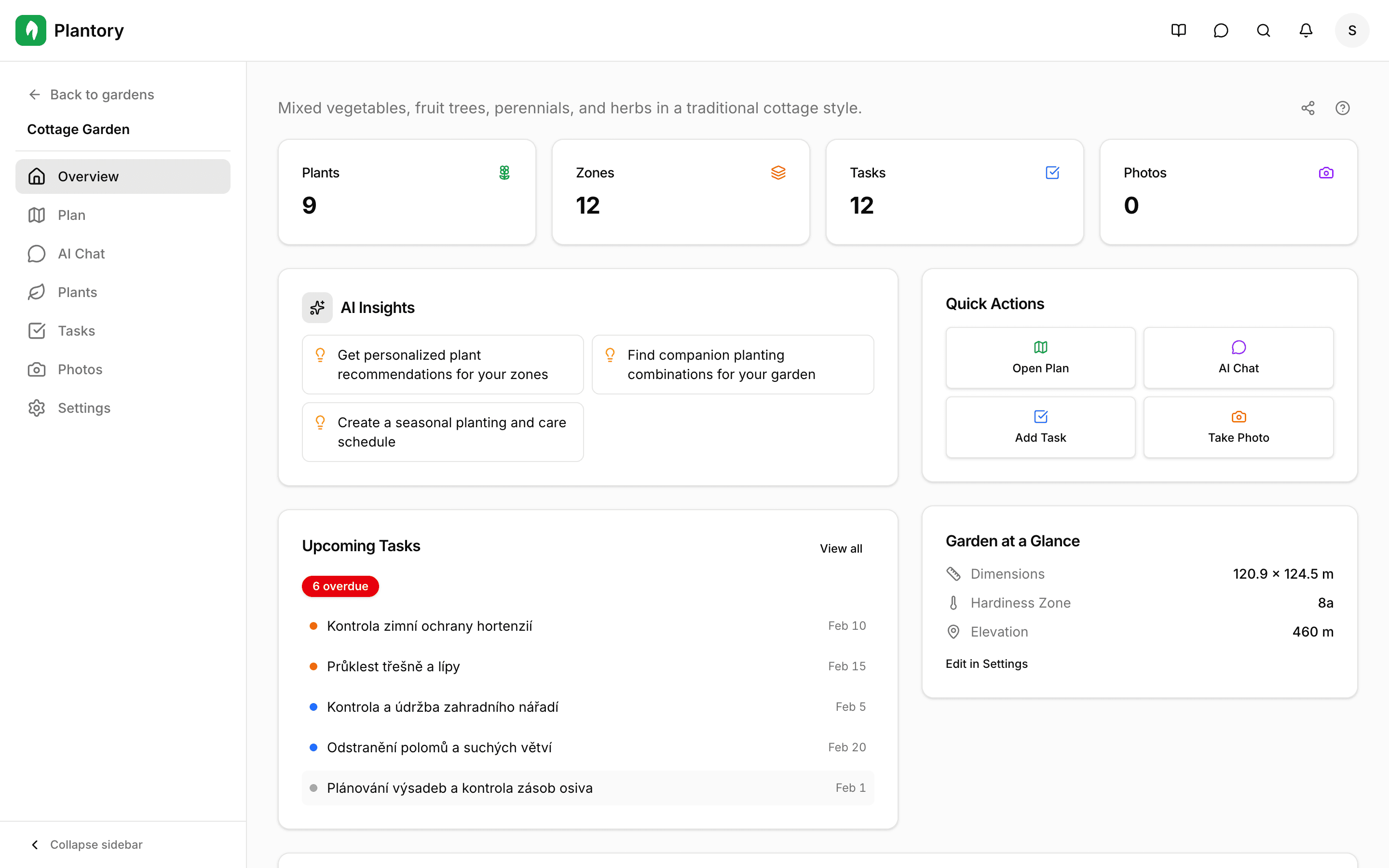 Detail zahrady se záložkami pro navigaci