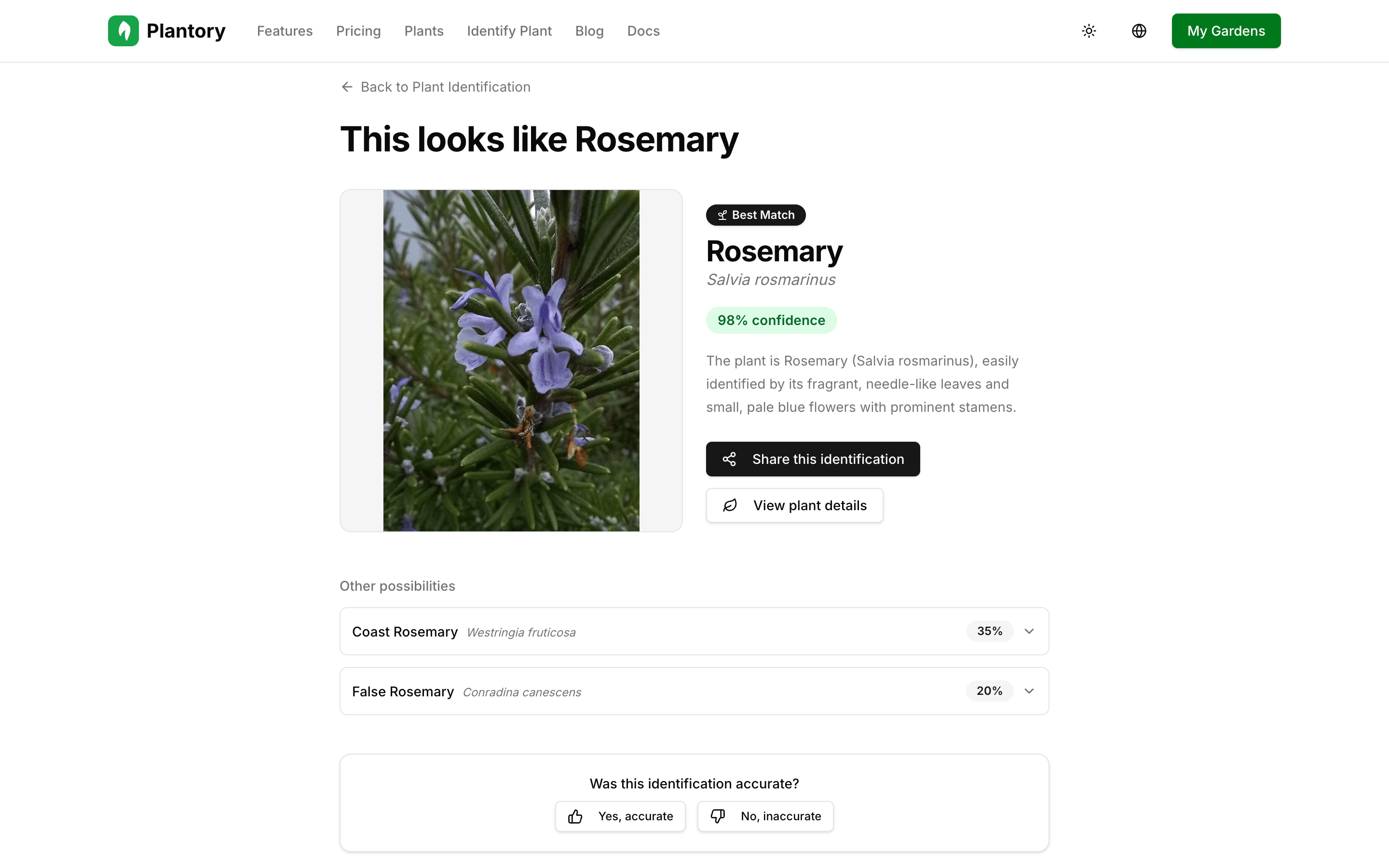 Výsledek identifikace zobrazující nejlepší shodu s procentem spolehlivosti